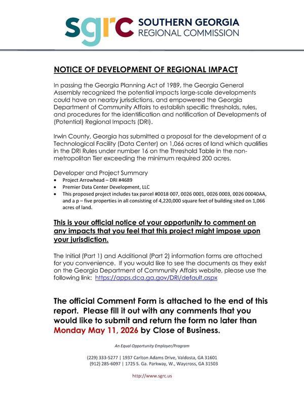 [NOTICE OF DEVELOPMENT OF REGIONAL IMPACT, Project Arrowhead Data Center Irwin Co. DRI 2026-04-24 --SGRC]