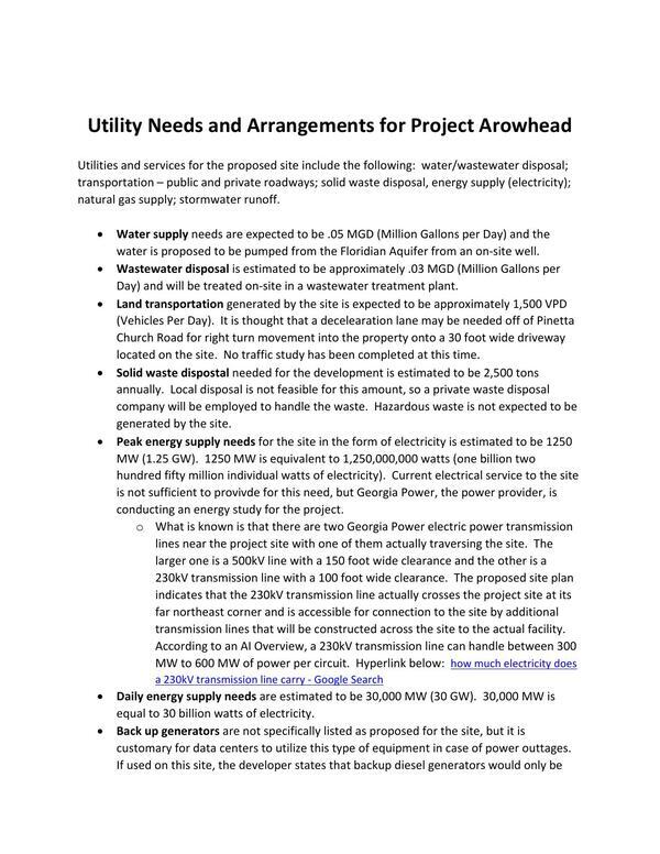 [Utility Needs and Arrangements for Project Arowhead]
