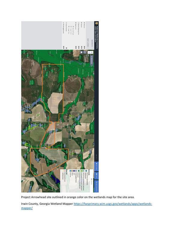 [Project Arrowhead site outlined in orange color on the wetlands map for the site area. 2026-04-24 https://fwsprimary.wim.usgs.gov/wetlands/apps/wetlands-mapper/]