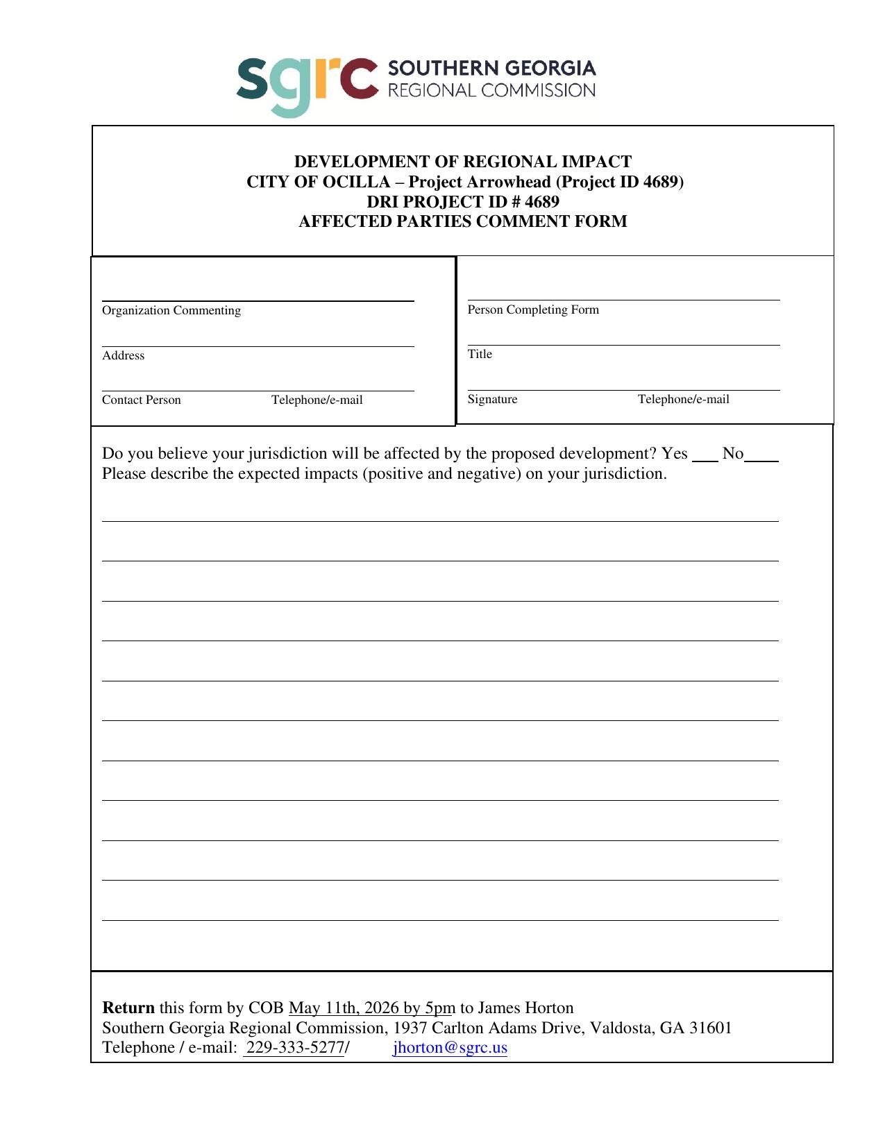 DRI Comment Form, Blank, Fillable, 2026-04-24 --SGRC