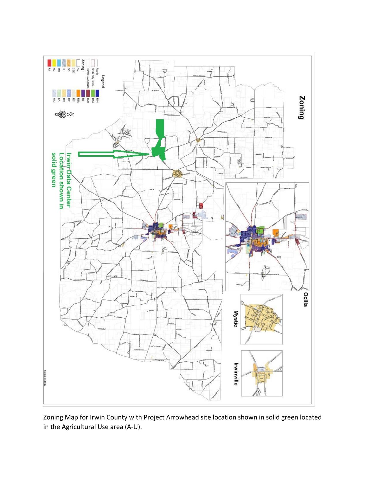 Zoning Map, Irwin County, 2024-03-04 Project Arrowhead site in Agricultural Use area (A-U). --SGRC