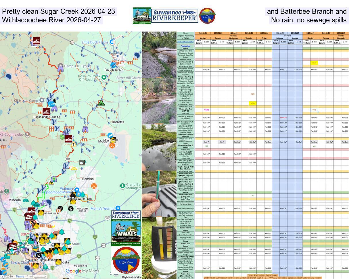 Pretty clean Sugar Creek 2026-04-23, and Batterbee Branch and Withlacoochee River 2026-04-27, No rain, no sewage spills