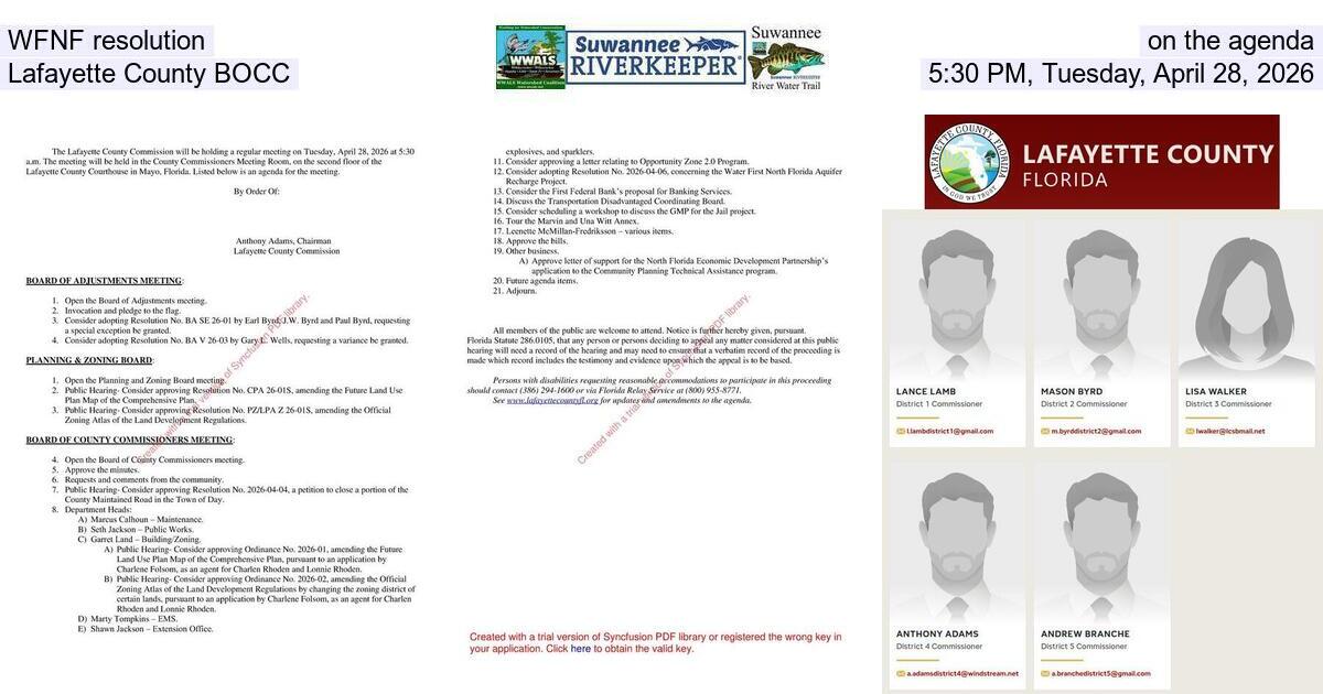[WFNF resolution on the agenda, Lafayette County BOCC, 5:30 PM, Tuesday, April 28, 2026]