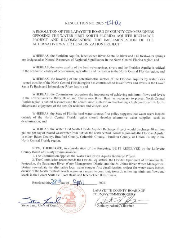 [Resolution 2026-04-06 against Water First North Florida and for desalination, 2026-04-28 --Lafayette County BOCC]