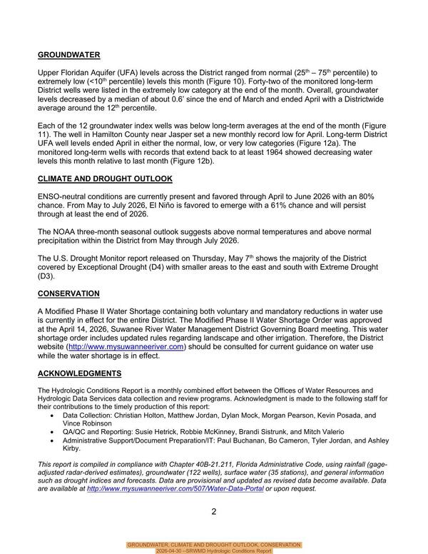 [GROUNDWATER, CLIMATE AND DROUGHT OUTLOOK, CONSERVATION, 2026-04-30 --SRWMD Hydrologic Conditions Report]