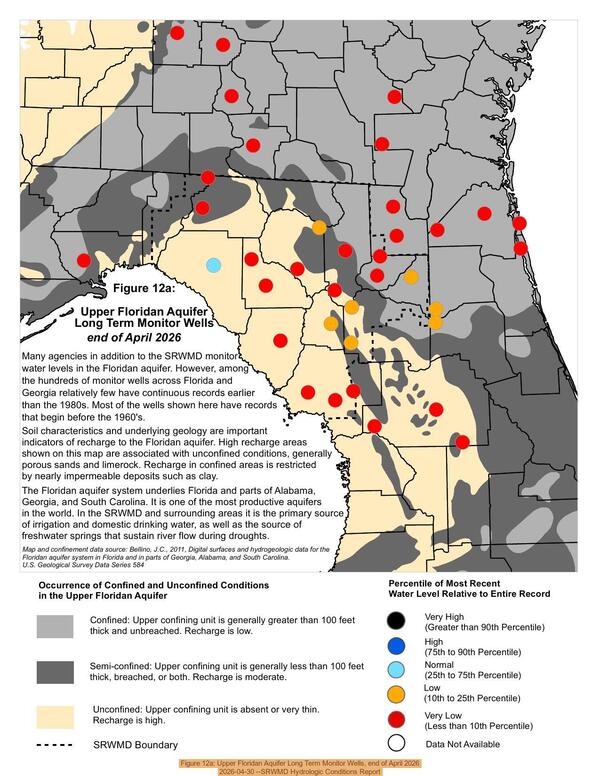 [Figure 12a: Upper Floridan Aquifer Long Term Monitor Wells, end of April 2026, 2026-04-30 --SRWMD Hydrologic Conditions Report]