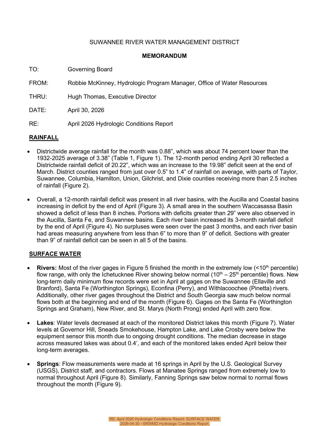 RE: April 2026 Hydrologic Conditions Report: SURFACE WATER, 2026-04-30 --SRWMD Hydrologic Conditions Report