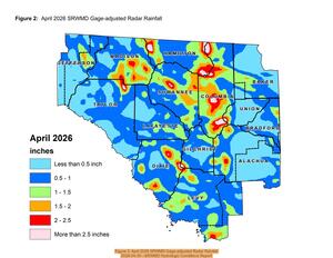 [Figure 2: April 2026 SRWMD Gage-adjusted Radar Rainfall, 2026-04-30 --SRWMD Hydrologic Conditions Report]