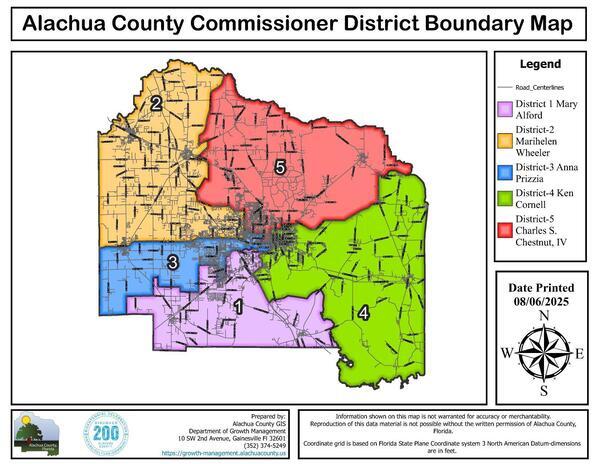 [Map: County Commissioner Districts, 2026-05-05 --Alachua County]