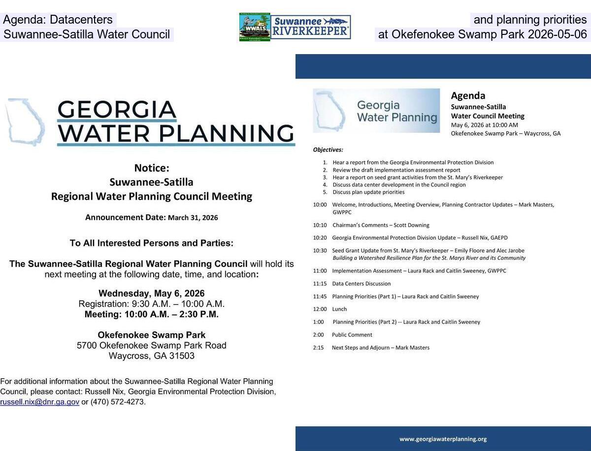 Agenda: Datacenters and planning priorities, Suwannee-Satilla Water Council at Okefenokee Swamp Park 2026-05-06