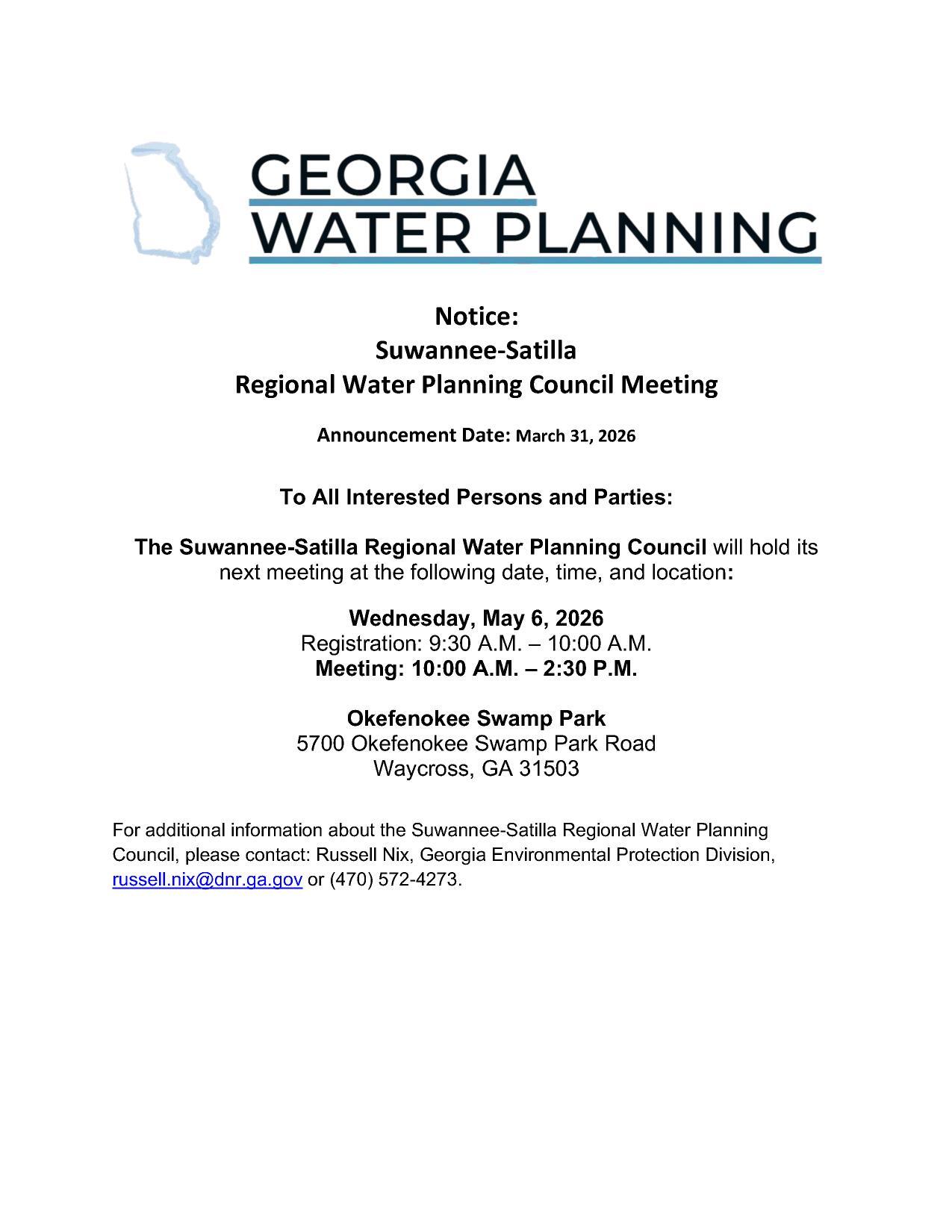 Council Meeting Public Notice, 2026-05-06 --Georgia Water Planning