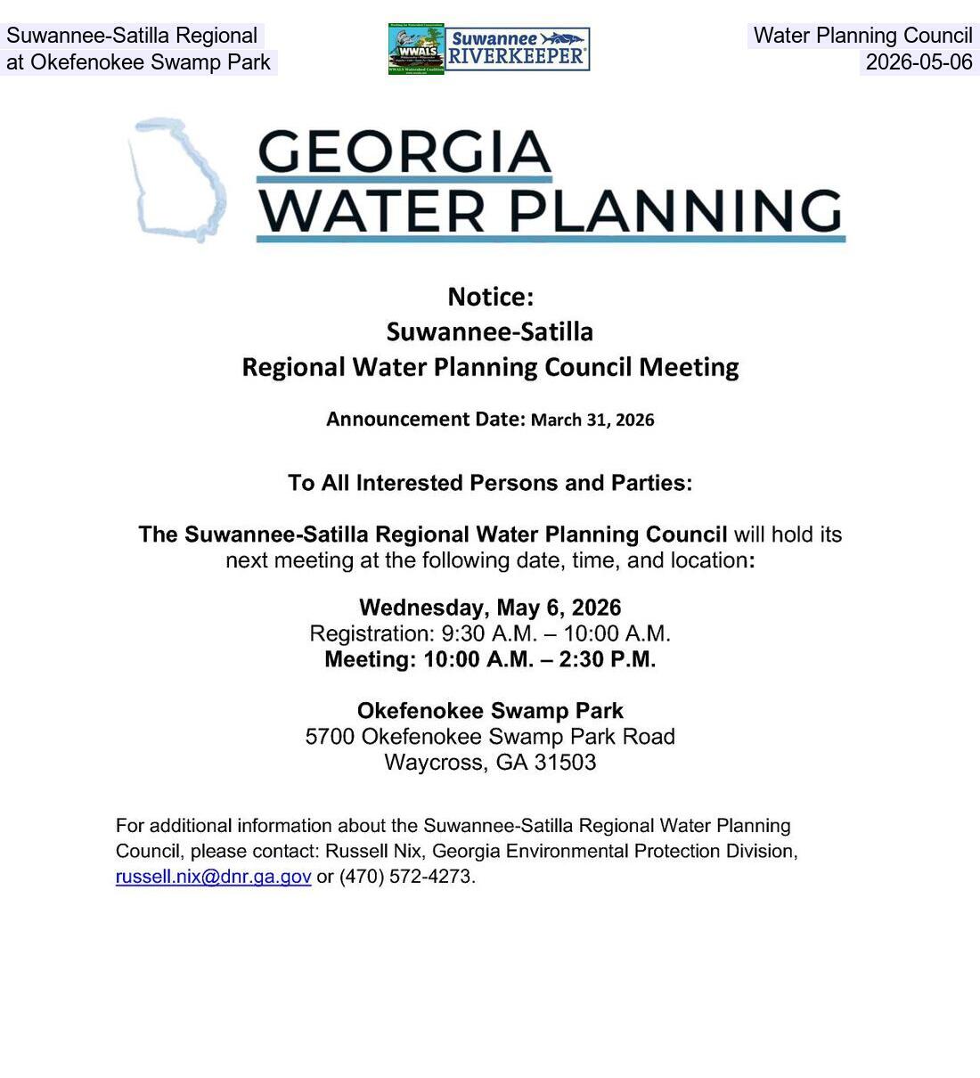 [Suwannee-Satilla Regional Water Planning Council at Okefenokee Swamp Park, 2026-05-06]