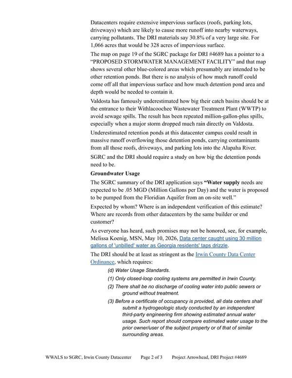 [Stormwater Management and Groundwater Usage, 2026-05-11 --WWALS to SGRC Irwin DRI]