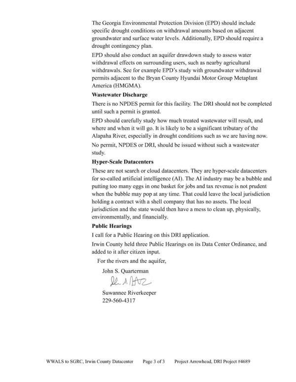 [Wastewater Discharge, Hyper-Scale Datacenters, and Public Hearing, 2026-05-11 --WWALS to SGRC Irwin DRI]