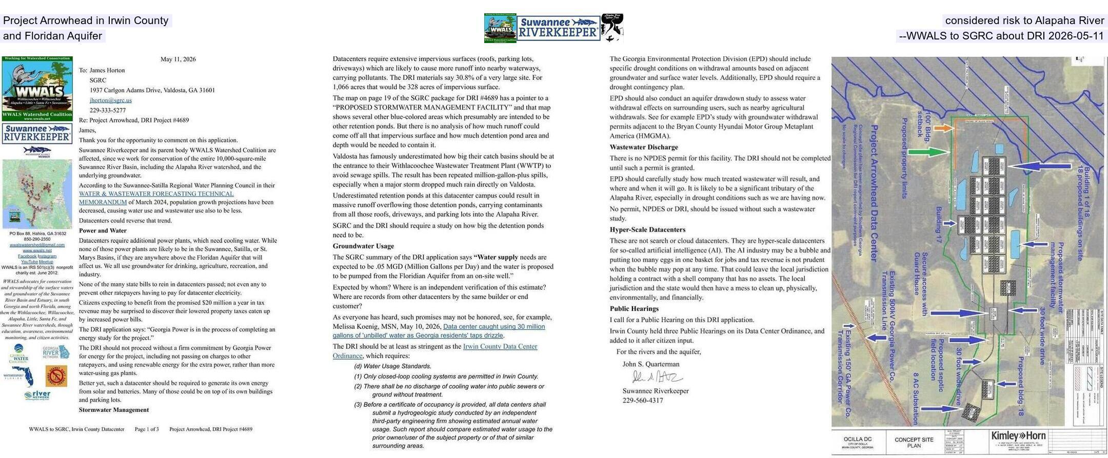 Project Arrowhead in Irwin County considered risk to Alapaha River and Floridan Aquifer --WWALS to SGRC about DRI 2026-05-11