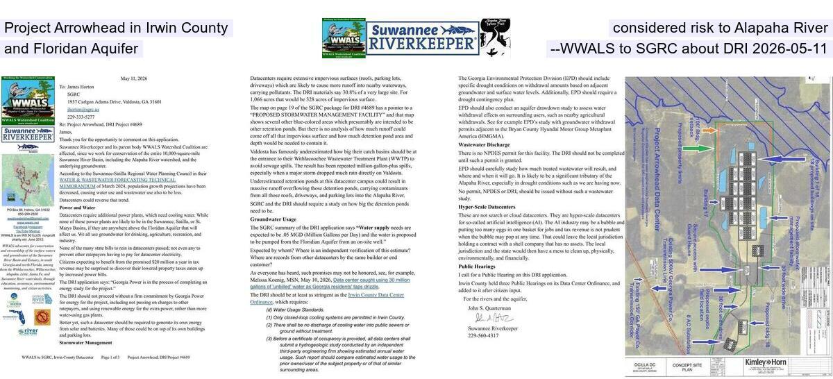 Project Arrowhead in Irwin County considered risk to Alapaha River and Floridan Aquifer --WWALS to SGRC about DRI 2026-05-11