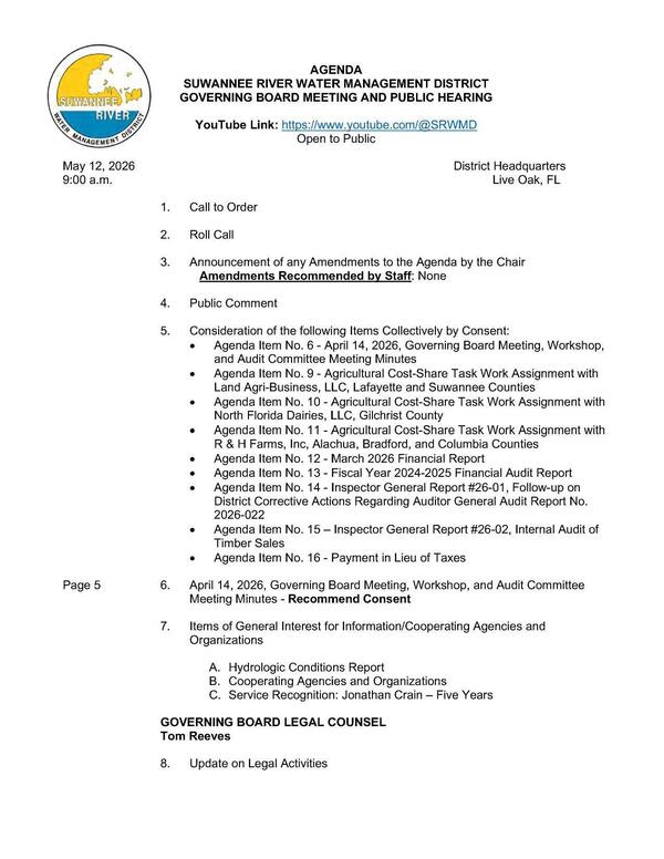 [Public Comment, Consent Agenda, Hydrologic Conditions Report, 2026-05-14 --SRWMD Board Agenda]