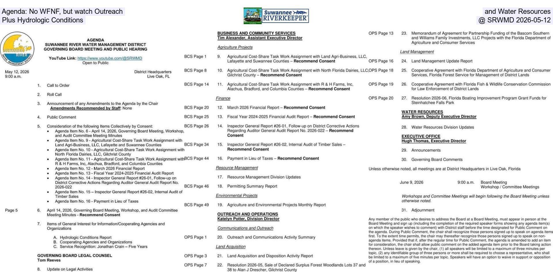 Agenda: No WFNF, but watch Outreach and Water Resources, Plus Hydrologic Conditions @ SRWMD 2026-05-12