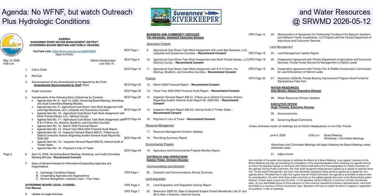 [Agenda: No WFNF, but watch Outreach and Water Resources, Plus Hydrologic Conditions @ SRWMD 2026-05-12]