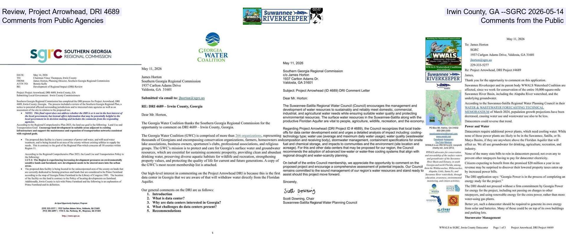 Review, Project Arrowhead, DRI 4689, Irwin County, GA --SGRC 2026-05-14, Comments from Public Agencies, Comments from the Public