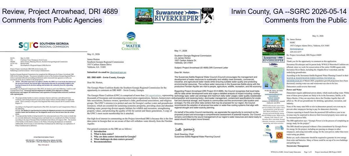 [Review, Project Arrowhead, DRI 4689, Irwin County, GA --SGRC 2026-05-14, Comments from Public Agencies, Comments from the Public]