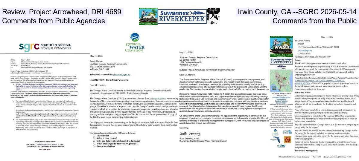 Review, Project Arrowhead, DRI 4689, Irwin County, GA --SGRC 2026-05-14, Comments from Public Agencies, Comments from the Public