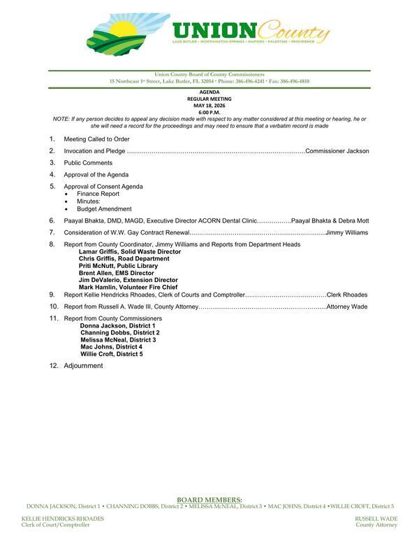 [Agenda, 2026-05-18 --Union County BOCC]
