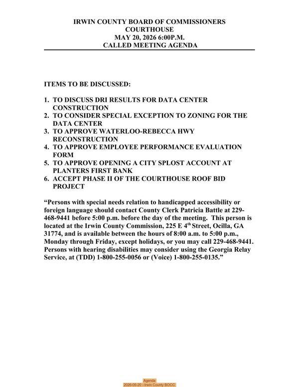 [Agenda, 2026-05-20 --Irwin County BOCC]