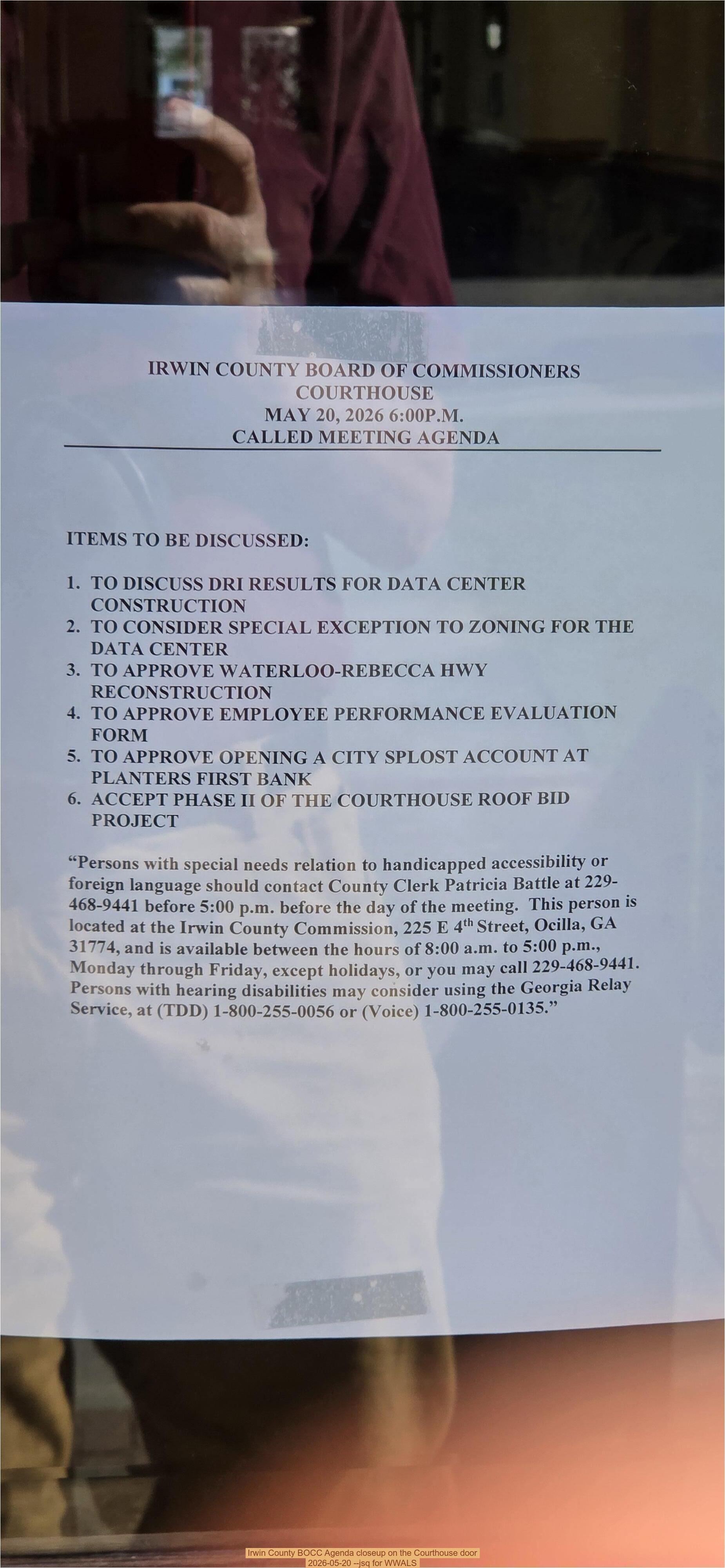 Irwin County BOCC Agenda closeup on the Courthouse door, 2026-05-20 --jsq for WWALS