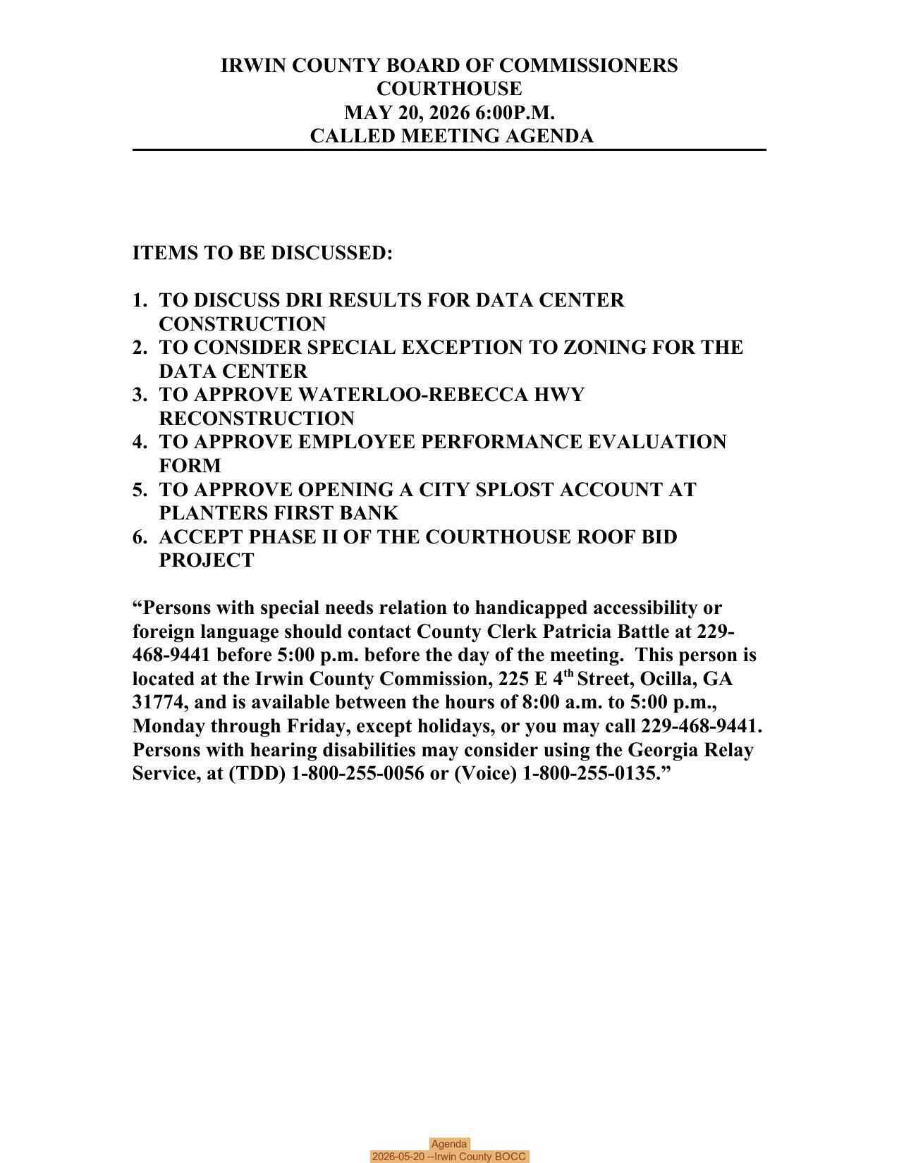 Agenda, 2026-05-20 --Irwin County BOCC