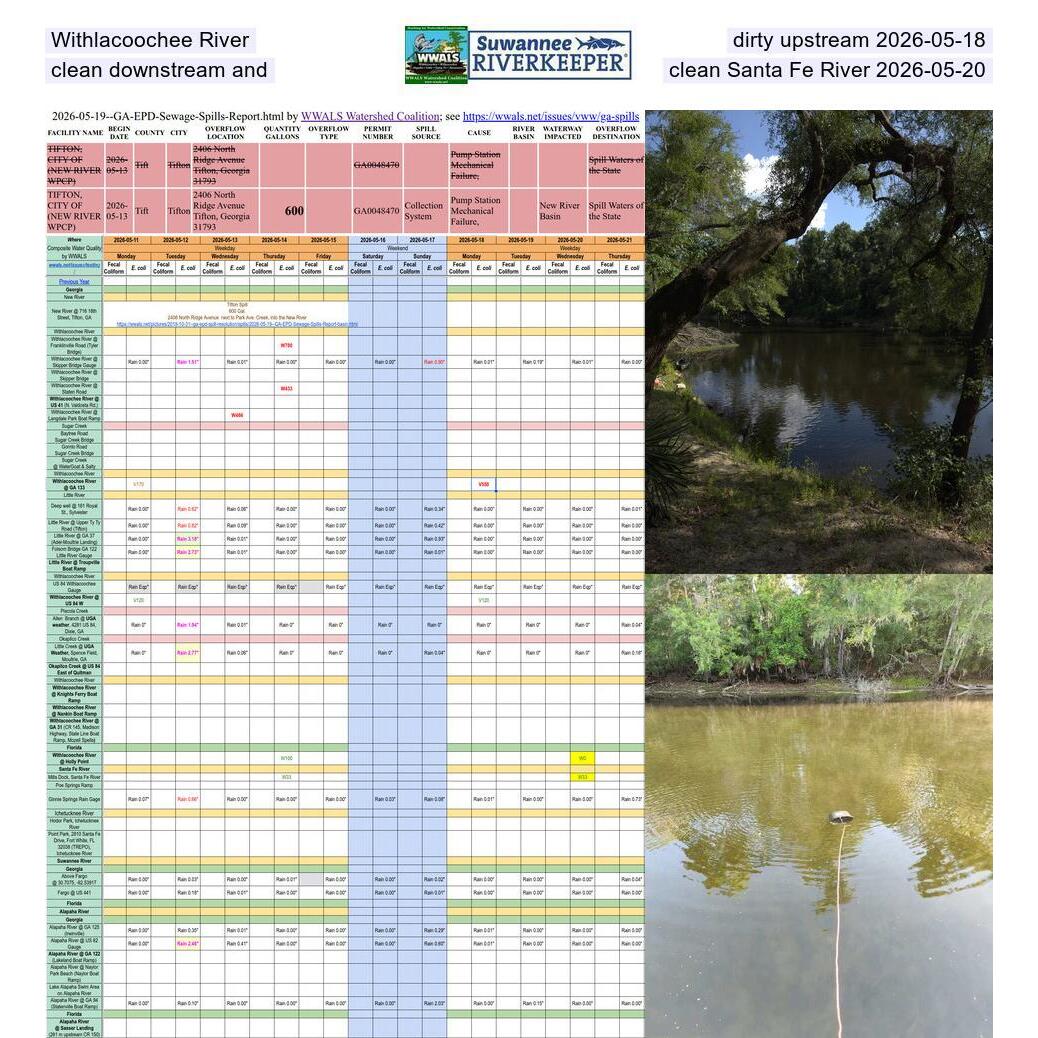Withlacoochee River dirty upstream 2026-05-18, clean downstream and clean Santa Fe River 2026-05-20