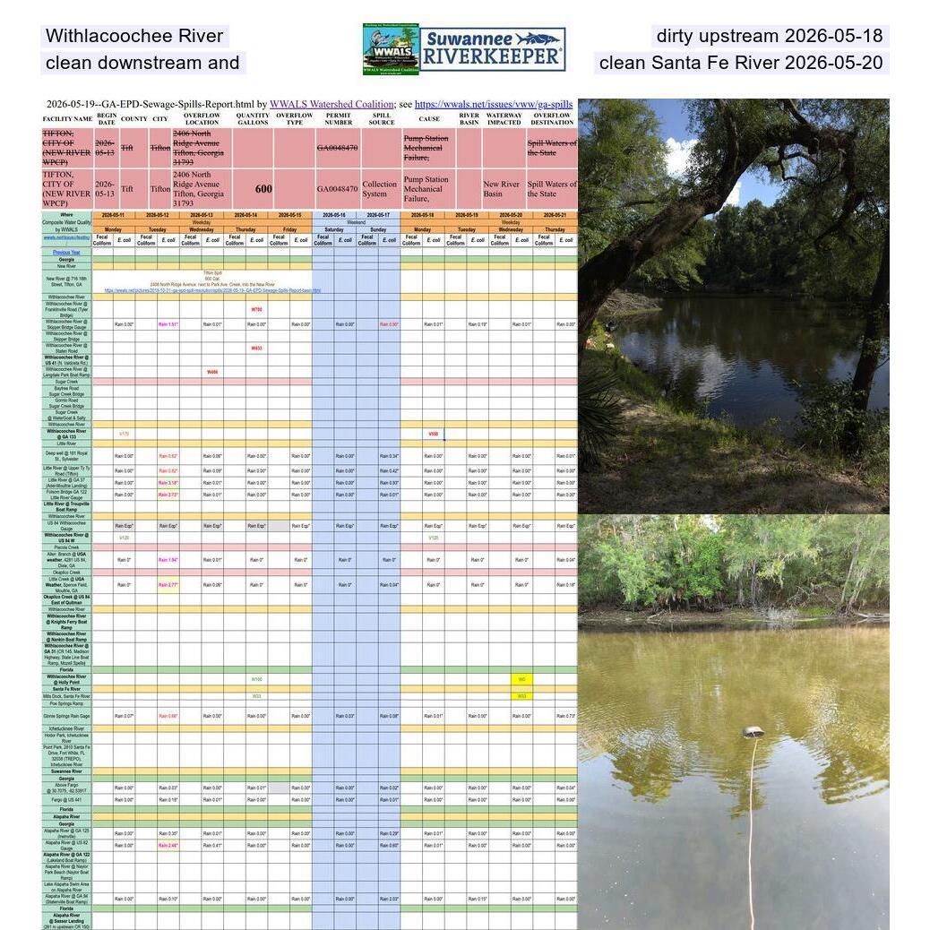 Withlacoochee River dirty upstream 2026-05-18, clean downstream and clean Santa Fe River 2026-05-20