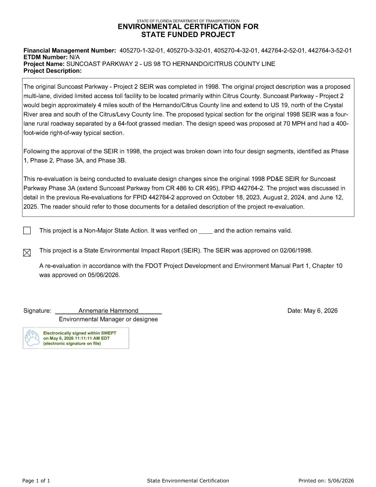 ENVIRONMENTAL CERTIFICATION FOR STATE FUNDED PROJECT, 2026-05-06 --FDOT
