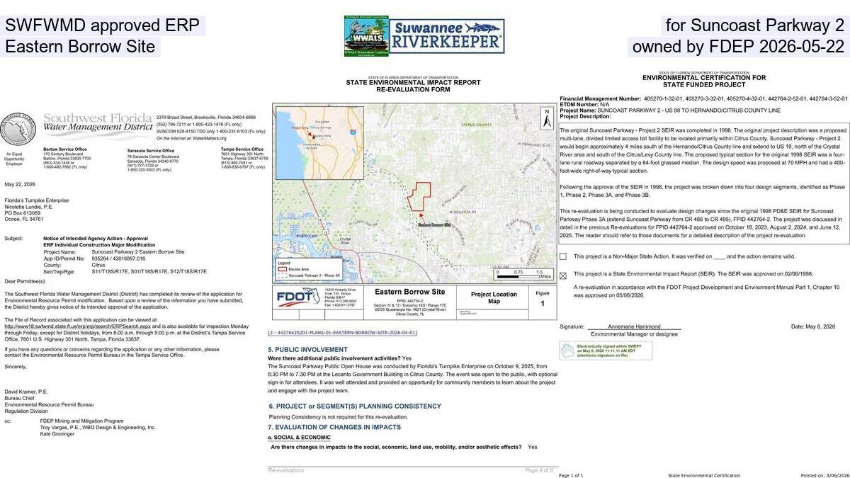 SWFWMD approved ERP, for Suncoast Parkway 2, Eastern Borrow Site, owned by FDEP 2026-05-22