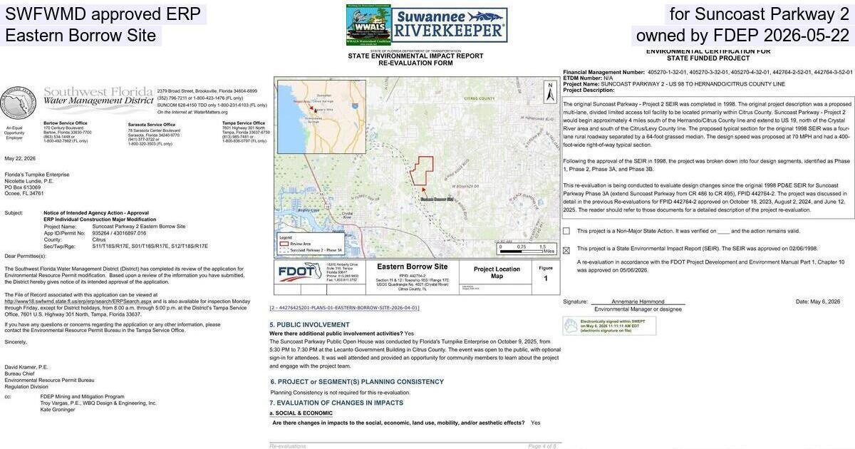 [SWFWMD approved ERP, for Suncoast Parkway 2, Eastern Borrow Site, owned by FDEP 2026-05-22]
