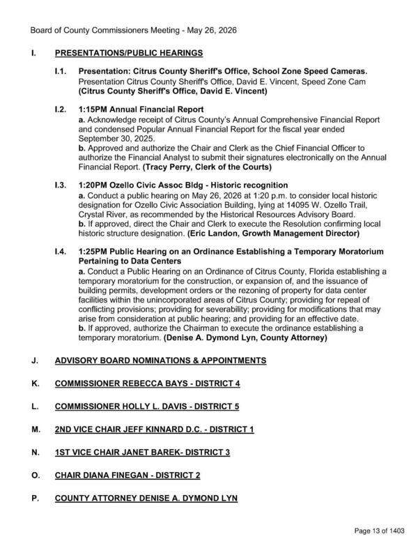 [1.4. 1:25PM Public Hearing on an Ordinance Establishing a Temporary Moratorium Pertaining to Data Centers, 2026-05-26 --Citrus County BOCC]