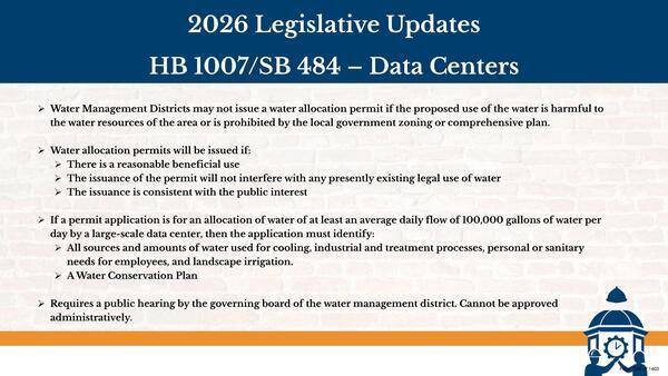 [Water allocation permits, Legislative Updates: HB 1007/SB 484 â€” Data Centers, 2026-05-26 --Citrus County BOCC]