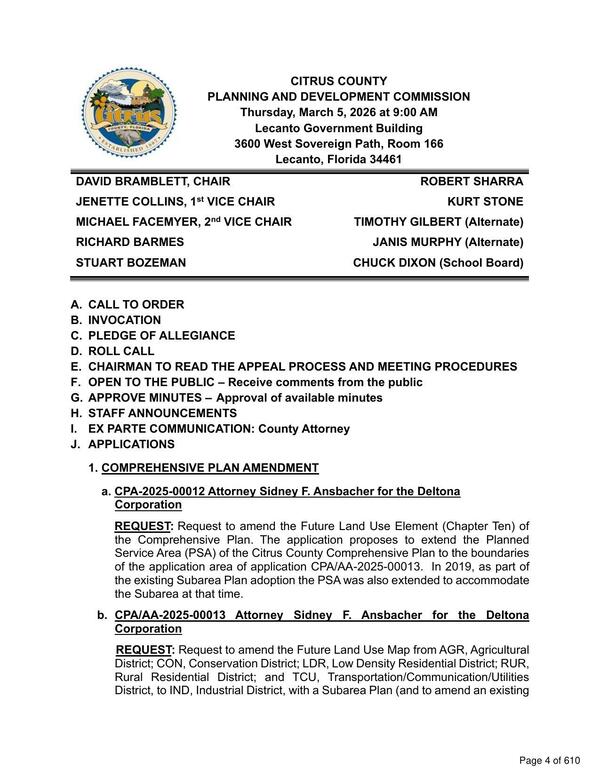 [a. CPA-2025-00012 and b. CPA/AA-2025-00013 Attorney Sidney F. Ansbacher for the Deltona Corporation, 2026-03-05 --Citrus County PDC]