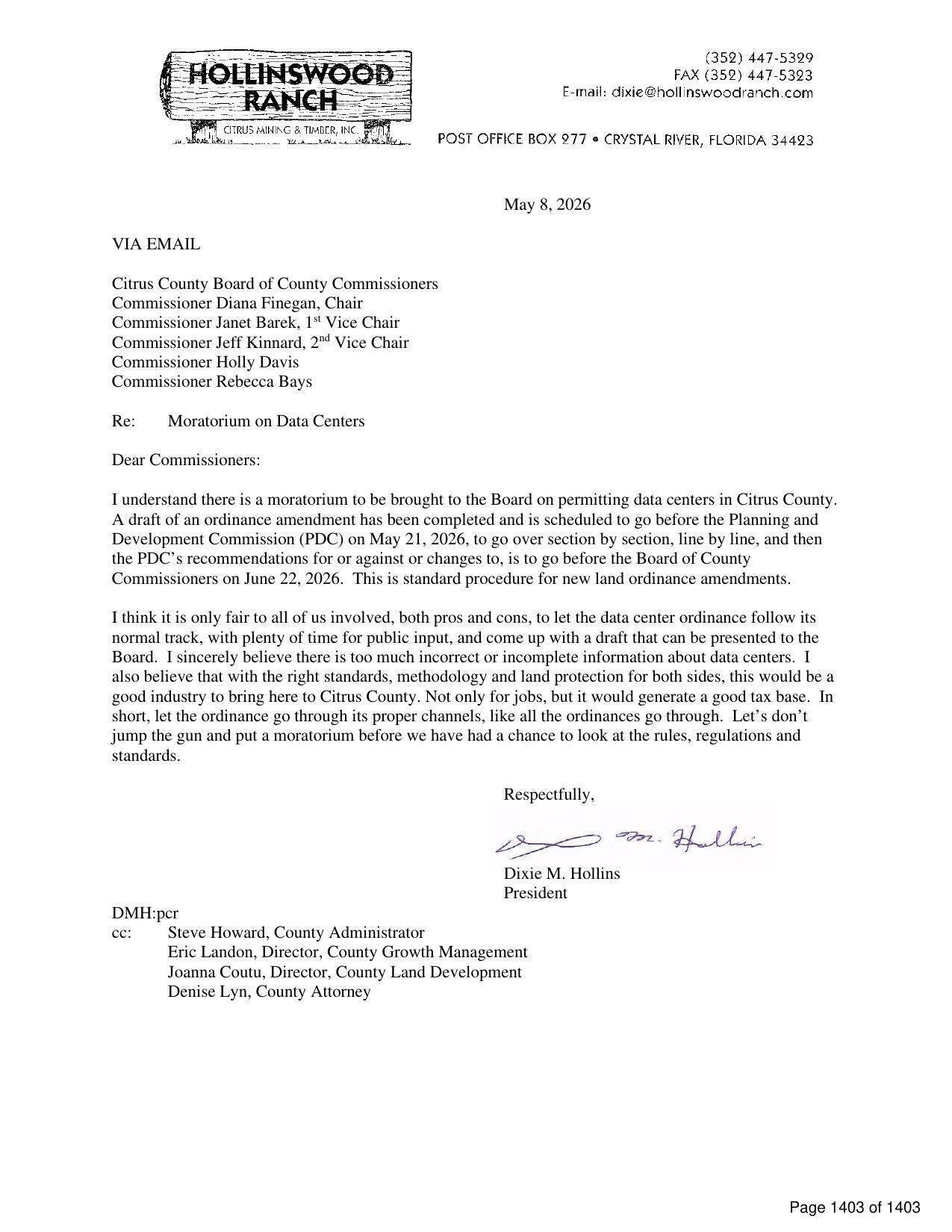 Letter from Hollinswood Ranch, 2026-05-26 --Citrus County BOCC