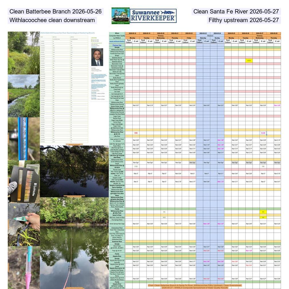 Clean Batterbee Branch 2026-05-26, Clean Santa Fe River 2026-05-27, Withlacoochee clean downstream, Filthy upstream 2026-05-27