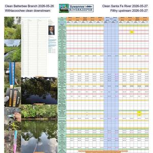 [Clean Batterbee Branch 2026-05-26, Clean Santa Fe River 2026-05-27, Withlacoochee clean downstream, Filthy upstream 2026-05-27]