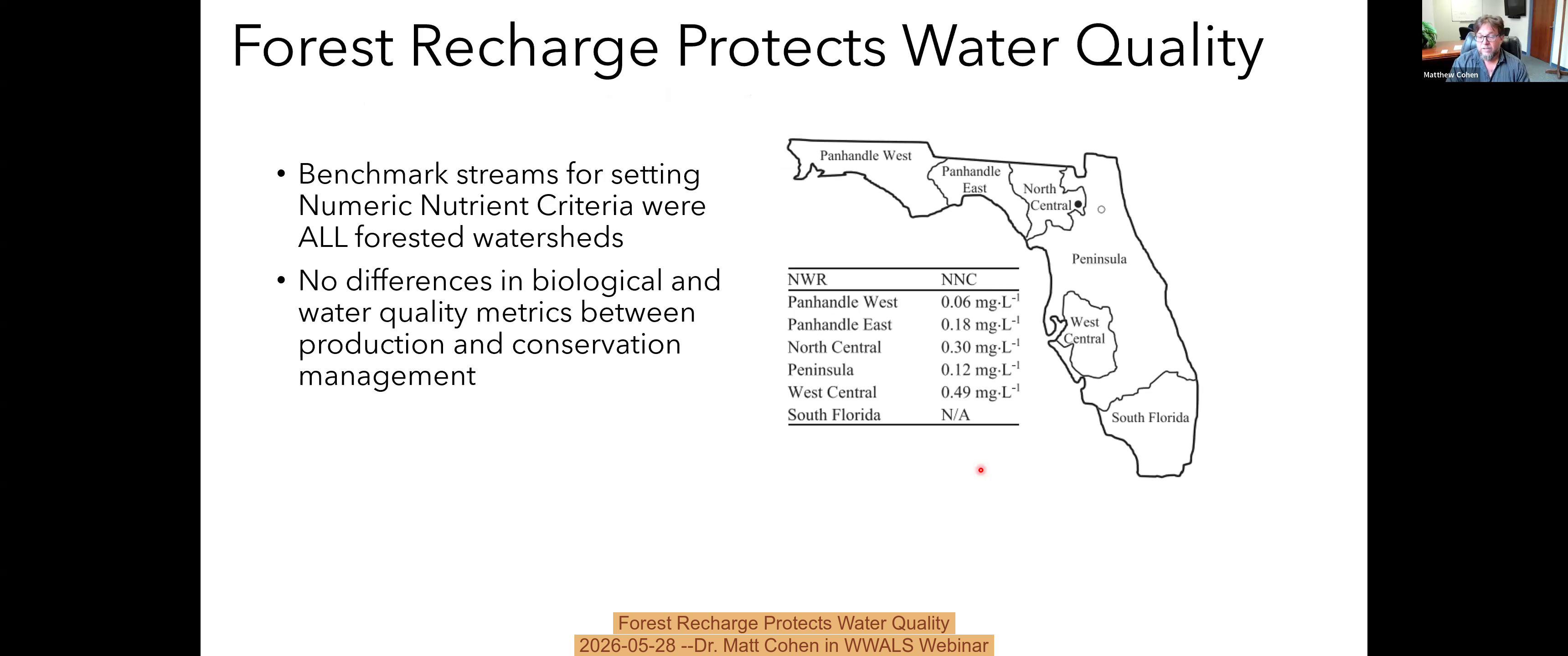 Forest Recharge Protects Water Quality, 2026-05-28 --Dr. Matt Cohen in WWALS Webinar