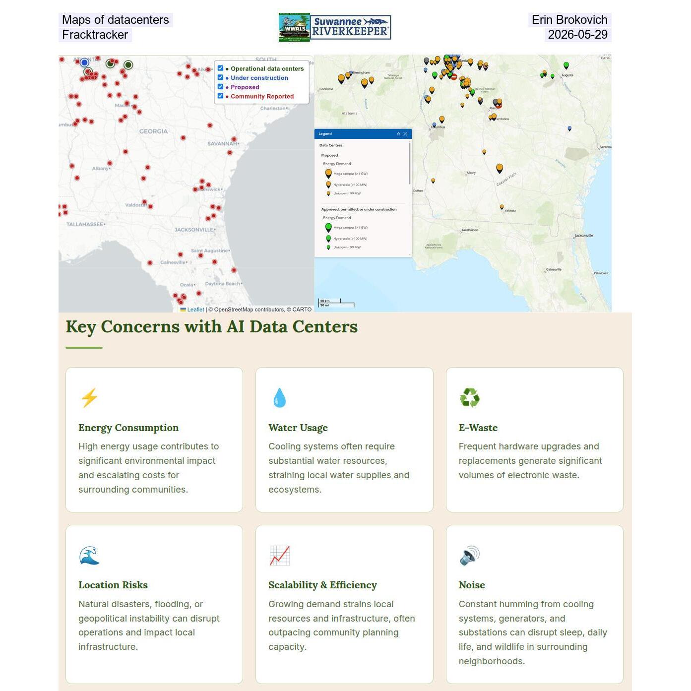 Maps of datacenters by Erin Brokovich and Fracktracker, 2026-05-29