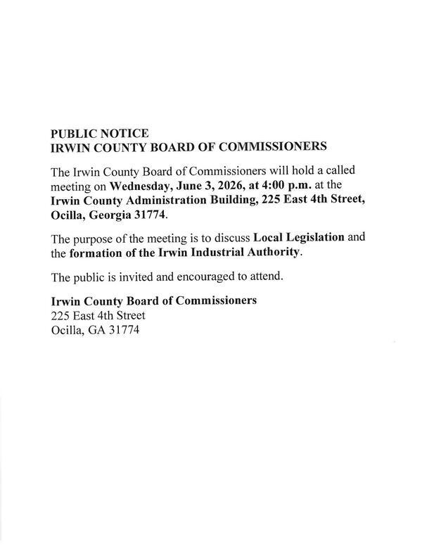 [PUBLIC NOTICE for 2026-06-03, Irwin County BOCC meeting]