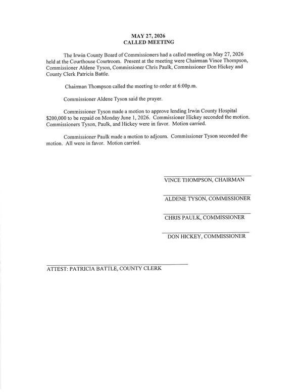 [Notes, 2026-05-27 --Irwin County BOCC]