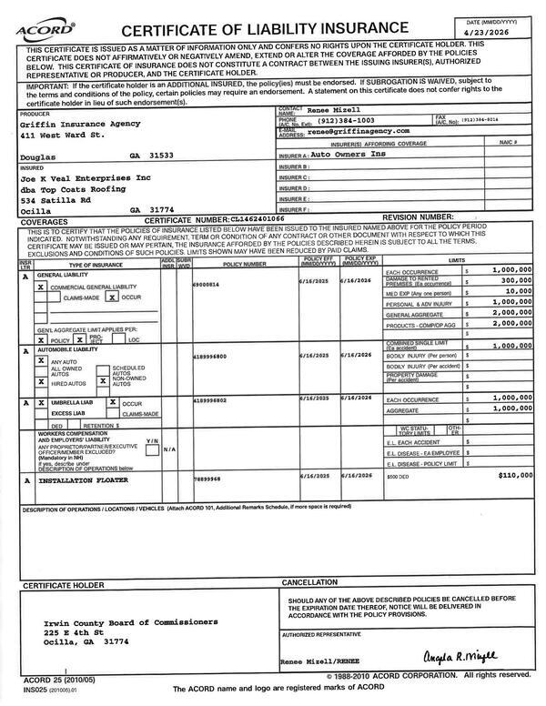 [Certificate of Liability Insurance, 2026-04-23 --Irwin County BOCC]