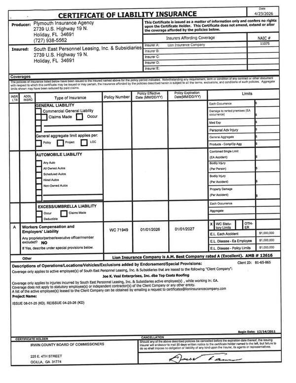 [CERTIFICATE OF LIABILITY INSURANCE, 2026-04-23, Plymouth Insurance Agency]
