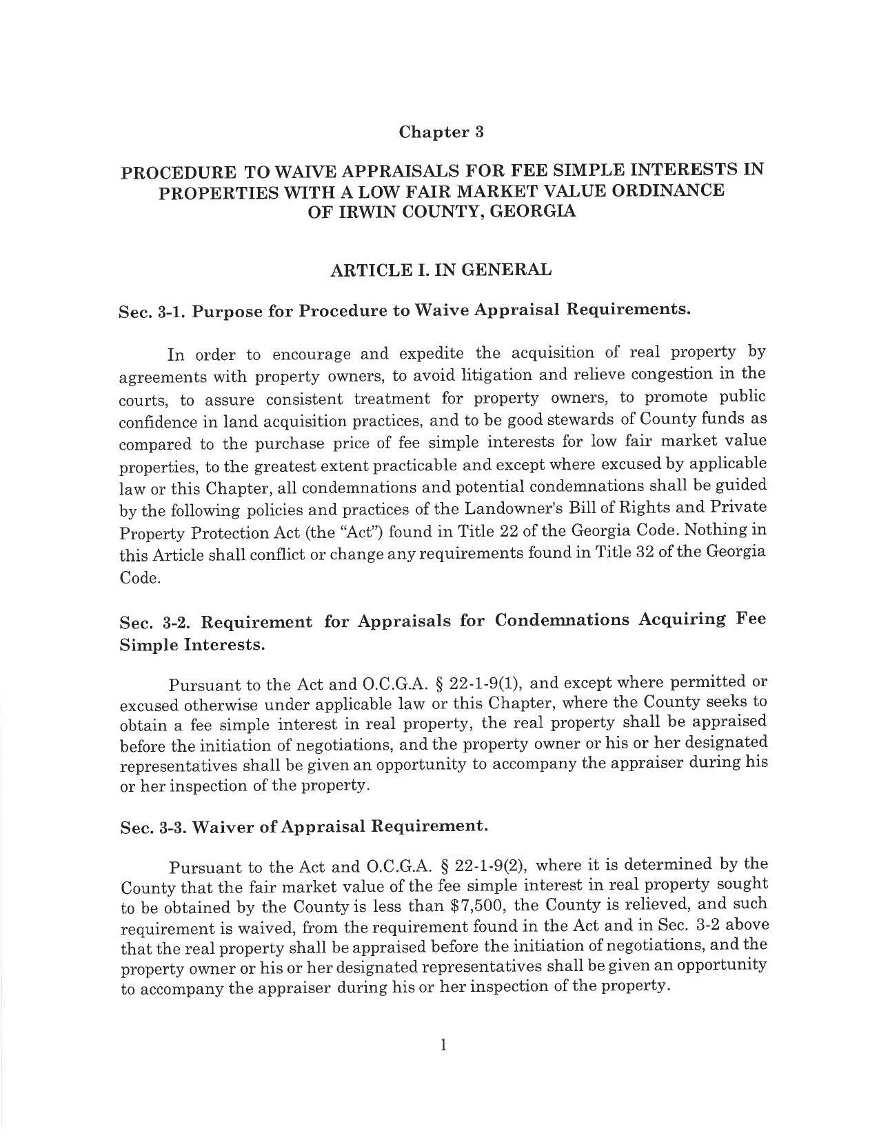 PROCEDURE TO WAIVE APPRAISALS FOR FEE SIMPLE INTERESTS IN PROPERTIES, 2026-06-01, WITH A LOW FAIR MARKET VALUE ORDINANCE OF IRWIN COUNTY, GEORGIA