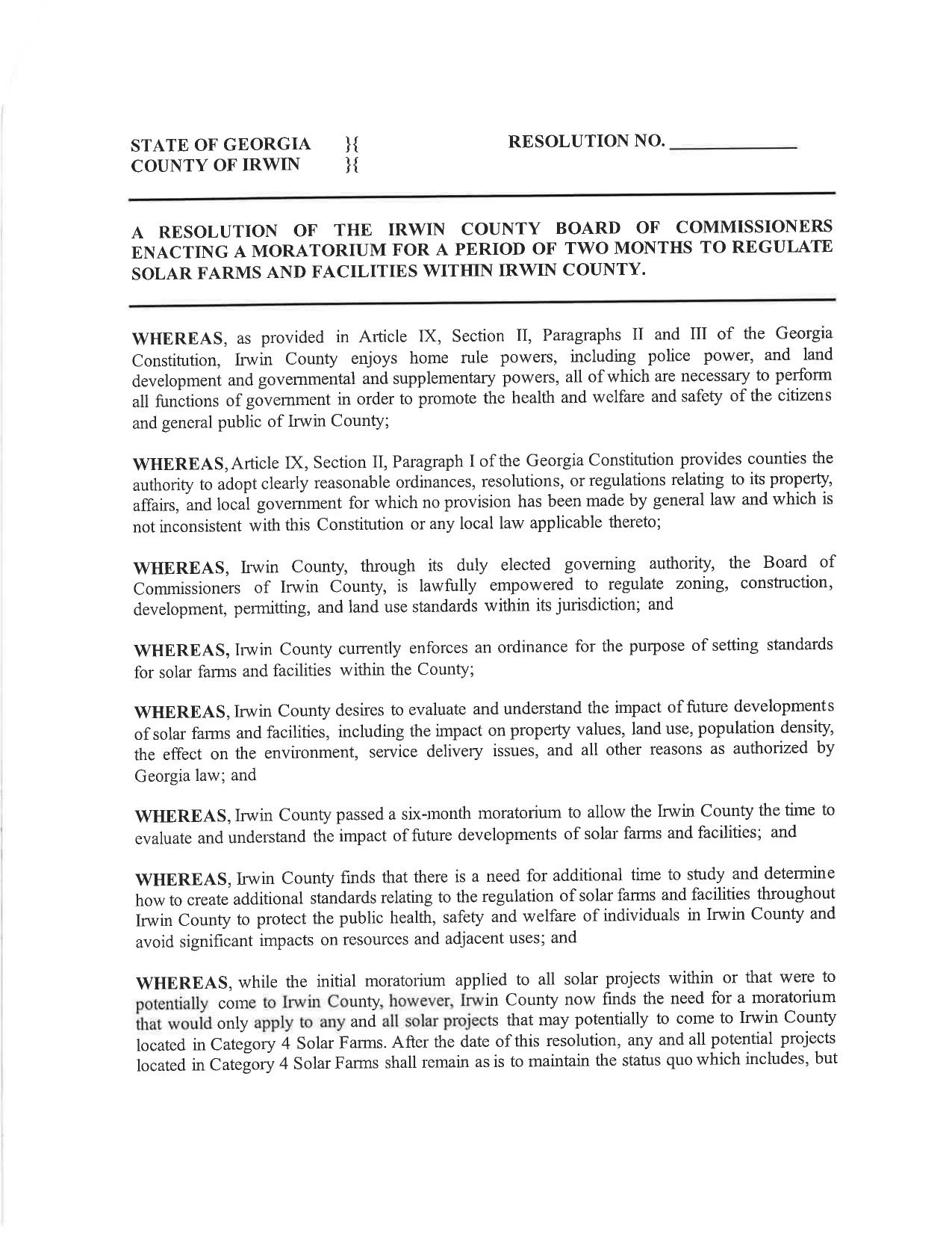A RESOLUTION OF THE IRWIN COUNTY BOARD OF COMMISSIONERS ENACTING A MORATORIUM, 2026-06-01, FOR A PERIOD OF TWO MONTHS TO REGULATE SOLAR FARMS AND FACILITIES WITHIN IRWIN COUNTY.