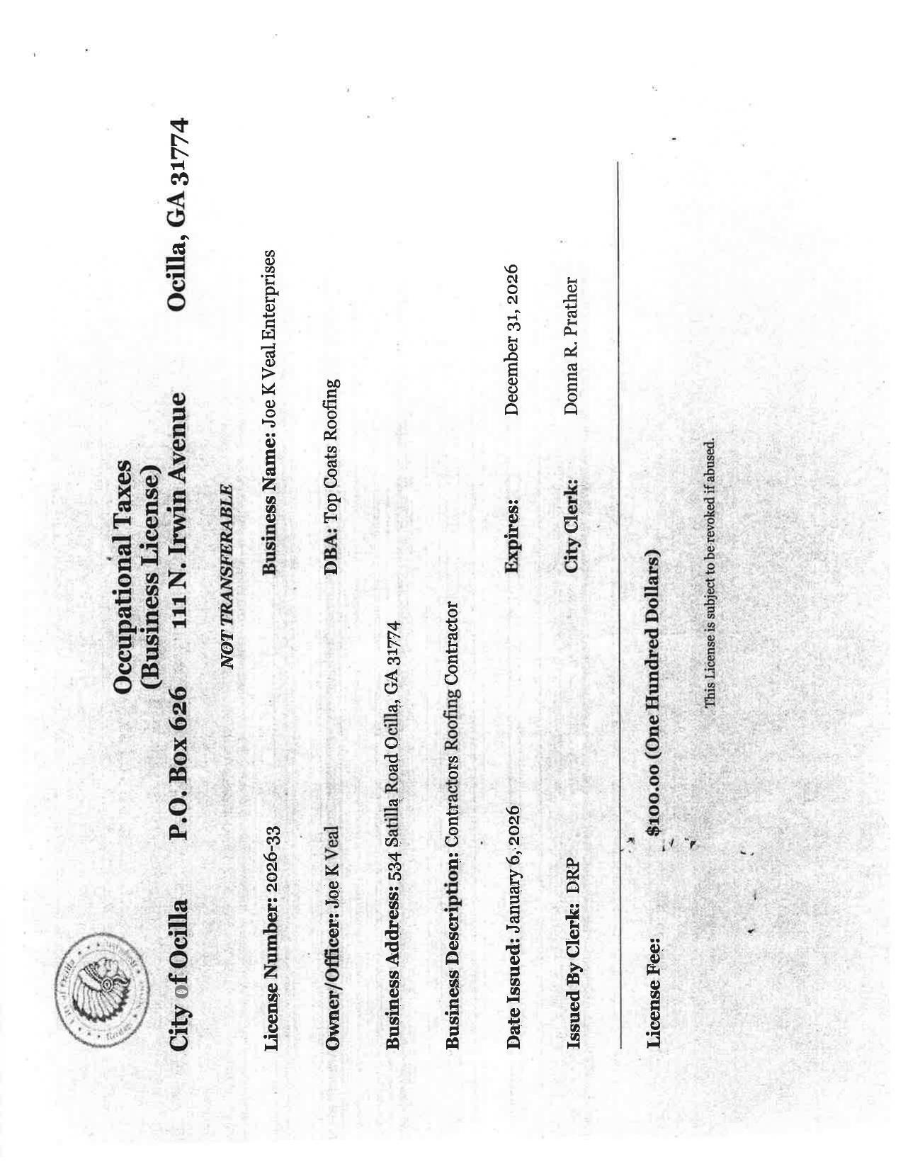 Occupational License, Top Coats Roofing, 2026-01-26 --Irwin County BOCC